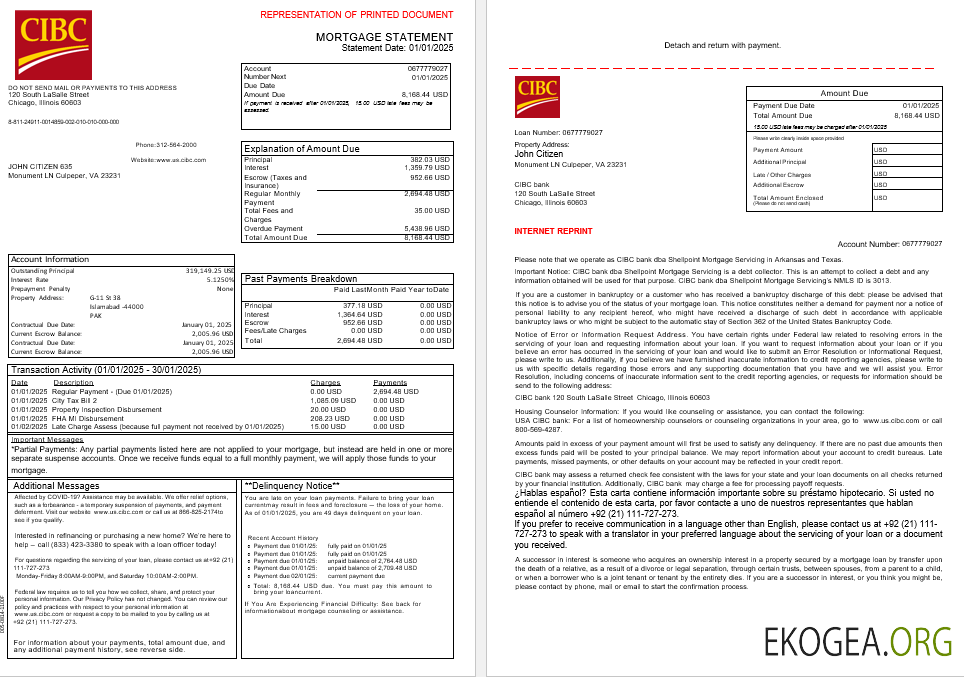 Relevé hypothécaire de la banque CIBC aux États , Unis en formats Word et PDF, 3 pages 1 , 2